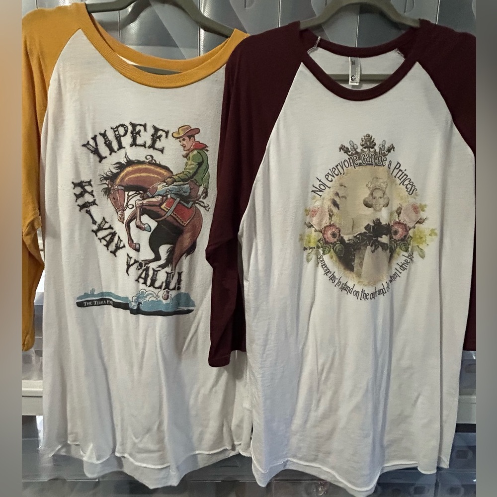 Alternative Graphic Baseball Sleeve Tees in Yellow/ White and Marron/White